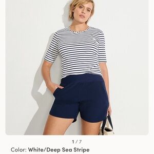 Lands' End Women's White and Navy Striped Blouse Size M- 10- 12